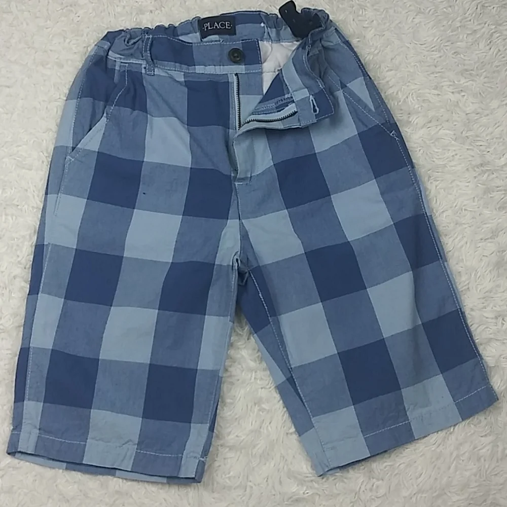 Children's Place Boy's Blue Checkered Adjustable Waist Zip Up Bermuda Shorts